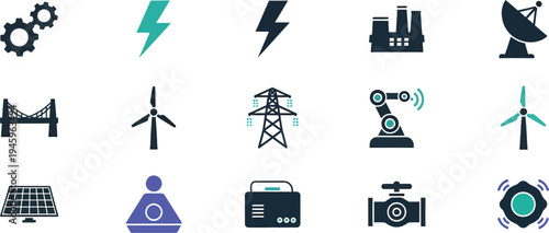 Industrial infrastructure and energy technology icon set with power grid, wind turbine, robotics, satellite and factory symbols
