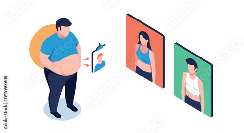 Overweight man looking at pictures of fit individuals representing his goals for weight loss and body transformation.