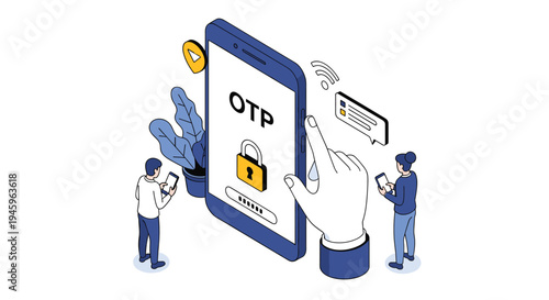 Large hand interacting with a smartphone screen displaying an OTP security lock icon with users nearby using devices.