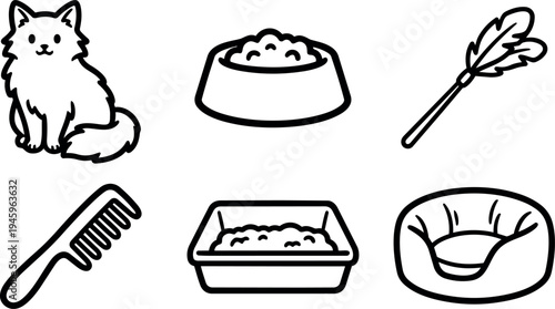 Simple black and white cat grooming items collection including comb food bowl feather toy litter box and cozy bed pet care essentials outline style vector