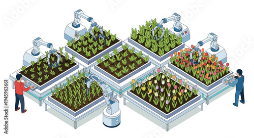 Automated farm with robotic arms tending to various plants and flowers in a controlled indoor environment with workers.