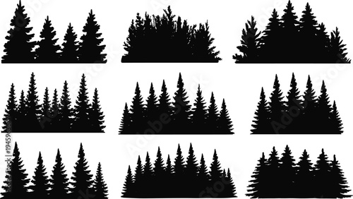 Conifer tree silhouettes collection, clustered pine and fir groups, forest landscape illustration pack, botanical design resource, ecology vector elements