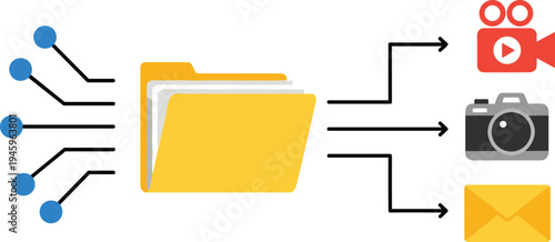 Data management diagram, folder, video, image, email, categorization workflow, digital organization, file sorting, information system, technology process illustration vector