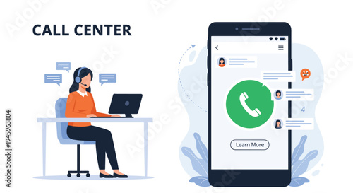 Call center representative assisting customers via headset while a large smartphone displays incoming chat messages.