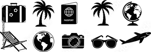 Travel and Vacation Icon Set Featuring Passport Suitcase Palm Tree Globe Camera Sunglasses Beach Chair and Airplane Silhouette Vector for Summer Tourism Graphic Design
