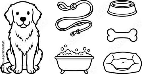 Black and white vector art of happy dog sitting with leash bowl bone bath and pet bed simple line style