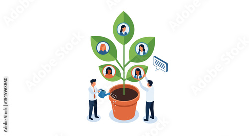Two people watering and caring for a plant that grows leaves with profile pictures representing human resources.