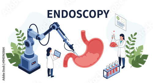 Medical team using a robotic arm for a stomach endoscopy procedure in a high-tech laboratory setting with advanced tools.