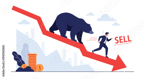 Businessman running down a declining red arrow followed by a large bear indicating a bear market and sell pressure.