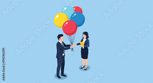 Man in a suit presenting a bunch of colorful balloons to a woman in a business suit in an isometric view celebrating a goal.