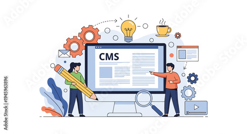 Two editors working on a large computer monitor displaying a content management system with icons for ideas.