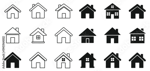 A collection of 15 simple black and white house icons in various styles and shades