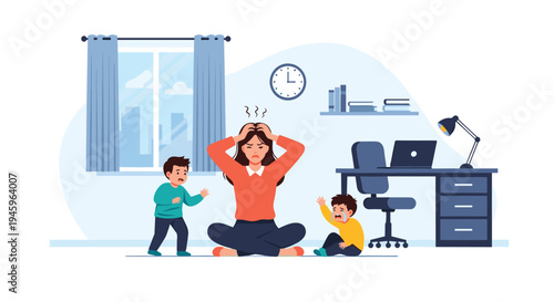 Stressed mother sitting on the floor with two crying children in a home office setting with a desk struggling with tasks.