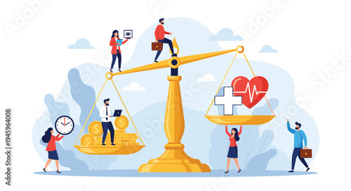 People balancing coins and money on one side of a giant scale against health and heart icons on the other.
