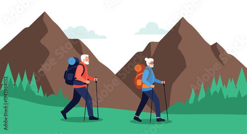 Senior man and woman hiking with backpacks and poles in a beautiful mountain landscape with green trees on a sunny day.