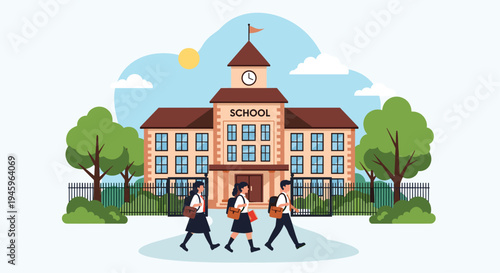 Happy group of students in uniforms walking together to school on a sunny day with the school building in the background.