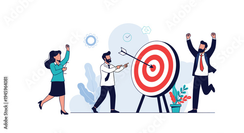 Successful business team celebrating their achievement as an arrow hits the bullseye of a target in a professional office setting.