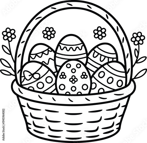 Easter basket with patterned eggs line art illustration for coloring page and spring holiday design

