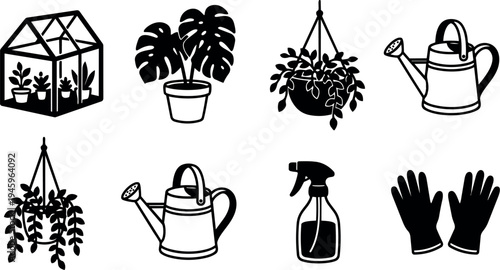 Black and white flat design icons of greenhouse plant pots watering cans spray bottle and gardening gloves for garden care tools set