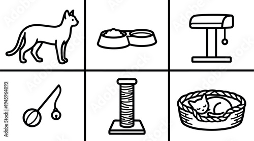 Black and white line art cat standing with pet food bowls claw scratching post and sleeping cat in basket simple vector icons