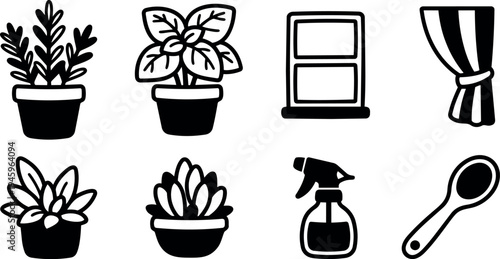 Minimalist black and white vector icons of potted plants windows curtain spray bottle and spoon flat design set illustration