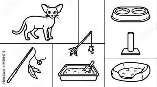 Line art composition of standing kitten and six cat care icons including litter box food bowl bed and toys simple