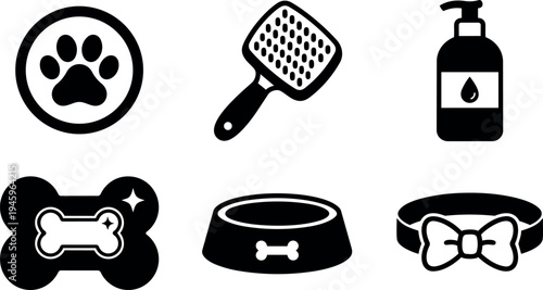 Black and white flat design simple pet care icons including paw print brush soap bone food bowl and collar with bow