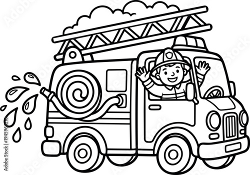Cartoon style smiling firefighter waving from fire truck with water hose spraying drops and ladder on top
