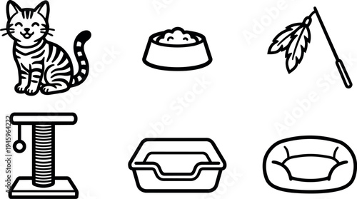 Cute sitting tabby cat with food bowl feather toy scratching post litter box and cozy pet bed vector art icons collection