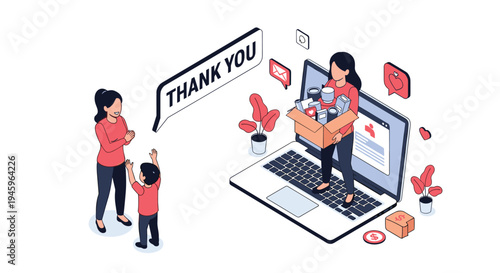 Isometric illustration of a mother and child thanking a volunteer delivering a donation box through a large laptop screen.