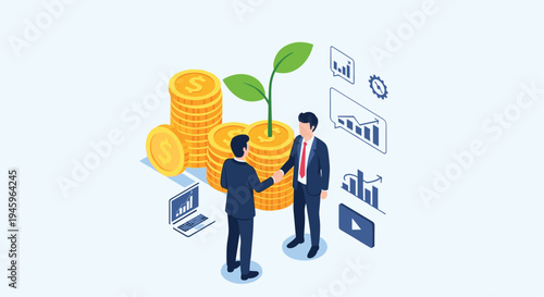 Two professional businessmen shaking hands in front of growing stacks of golden coins and various financial growth charts.