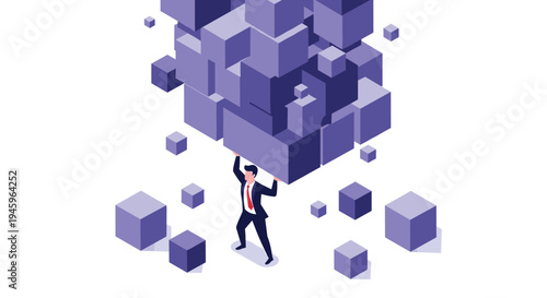 Strong businessman in a suit lifting and carrying a heavy cluster of floating purple cubes against a white background.