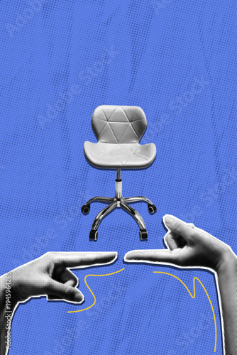 Candidate selection concept. Collage halftone Hands pointing to office chair. Hiring decision and job competition metaphor in corporate workplace. Vector illustration.