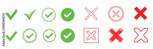 A collection of green checkmarks and red crosses in various styles and colors on a white background for approval and rejection
