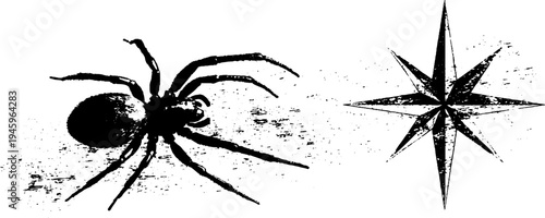 Vintage spider and compass star design in high contrast black ink for retro art
