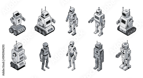 Diverse collection of isometric robot designs ranging from tracked units to humanoid figures with various mechanical features.