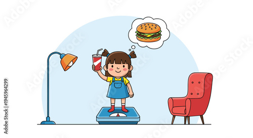 Cute young girl standing on a scale holding a soda and thinking about eating a delicious hamburger in a home setting.
