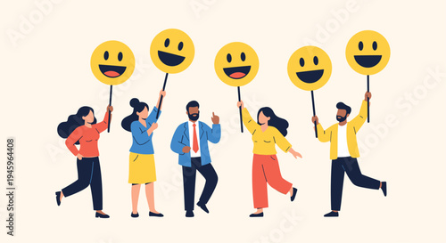 Diverse group of happy people standing together and holding up large yellow signs with cheerful smiley face expressions.