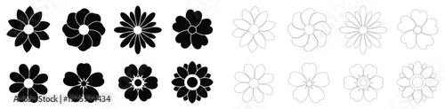 Symmetrical black and white abstract floral patterns with intricate designs and shapes