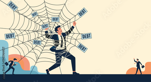Frustrated businessman trapped in a giant complex spider web covered with signs labeled with the word DEBT.