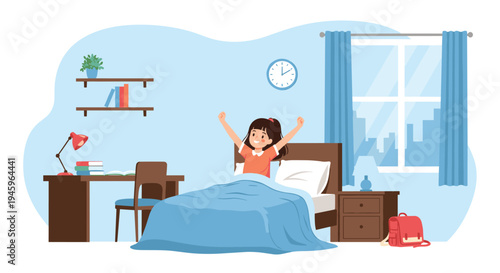 Young girl waking up and stretching happily in her bright and organized bedroom with a desk and sunny window view.