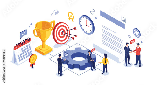 Successful business team members working together to achieve goals with target trophy calendar and clock icons in isometric style.
