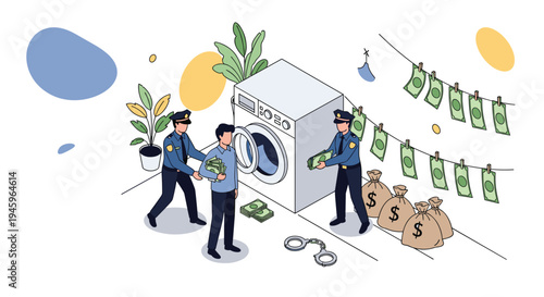 Illegal money laundering concept with police officers arresting a criminal using a washing machine to clean dirty cash and dollar bags.