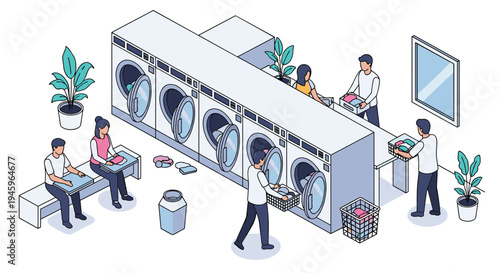 People using self service laundry facilities with multiple washing machines baskets and folding clothes in a modern public laundromat setting.