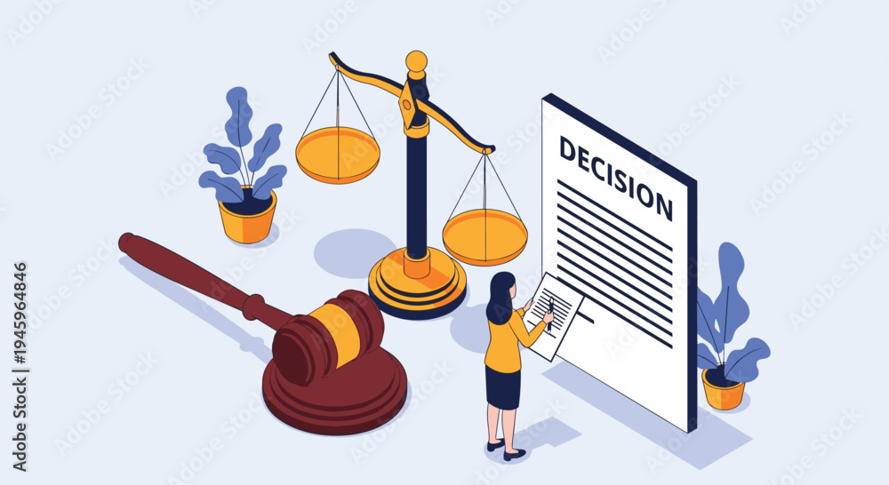 custom made wallpaper toronto digitalLegal professional signing a court decision document next to a judge gavel and scales of justice in a symbolic isometric law office.