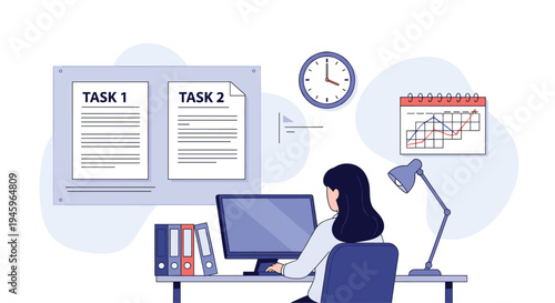 Focused woman working at her computer desk with task boards calendar and clock icons representing efficient task management and office work.