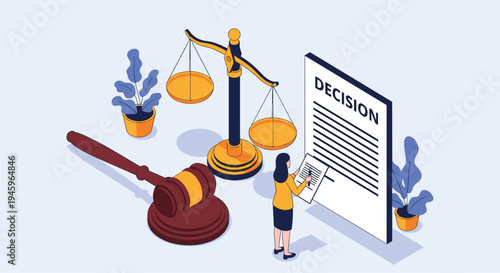 Legal professional signing a court decision document next to a judge gavel and scales of justice in a symbolic isometric law office.