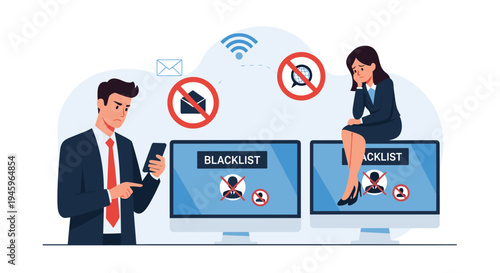 Frustrated man and woman dealing with social media or email blacklisting shown on computer screens with various prohibited icons in the air.
