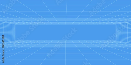 3d wireframe grid room. 3d perspective laser grid 16 9.. Cyberspace blue background with white mesh. Futuristic digital hallway space in virtual reality. Vector illustration.