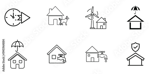 House and roof security icons with various symbols
